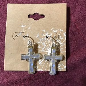 Silver tone cross earrings